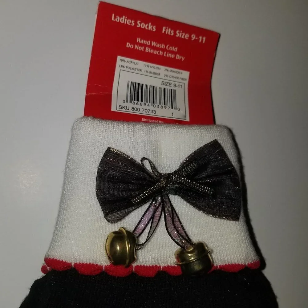 NEW 3 Pair Christmas Socks Lot Black Bows Bells Blue Snowmen Red Present 5-9-11